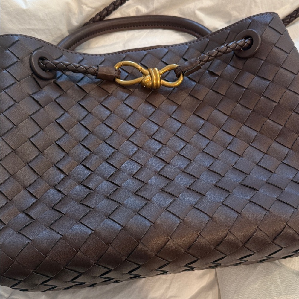 Brown Woven Leather Tote with Gold Accent